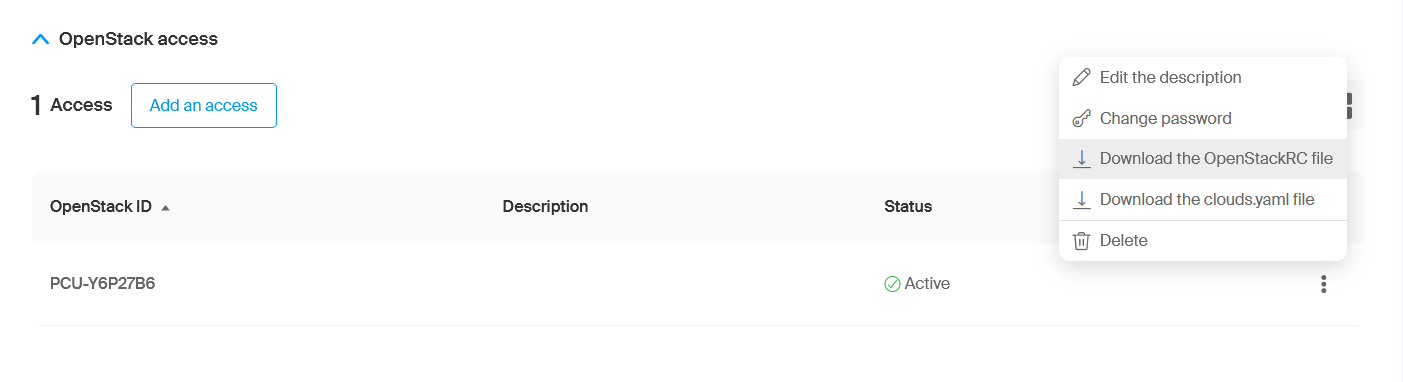 The option for the OpenStackRC file download is visible from the three dots of the OpenStack access listing of the project view.