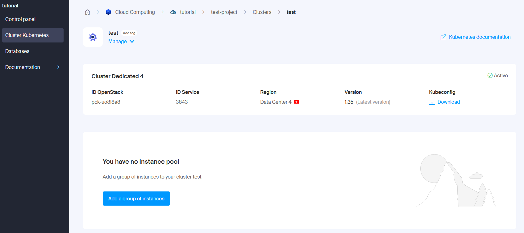 A screenshot from the cluster control panel with the option to add a group of instances visible.