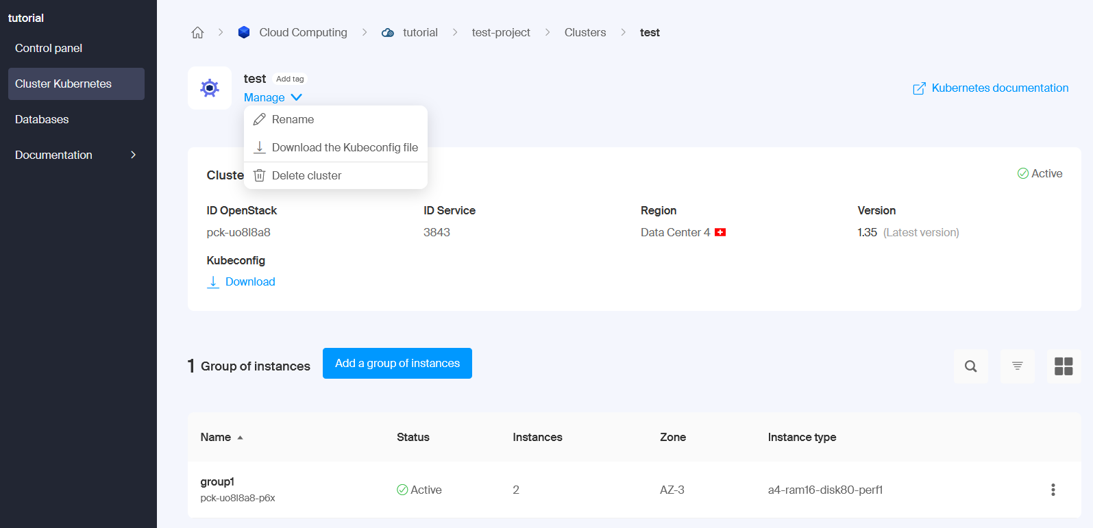 A screenshot from the Cloud Computing dashboard Kubernetes tab with the Remove option visible.