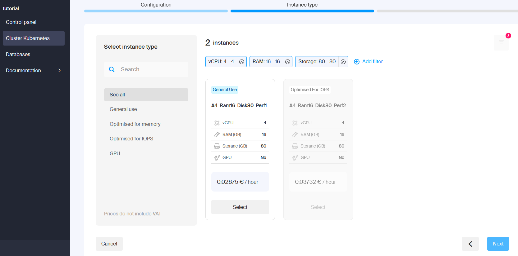 A screenshot from the instance pool creation with the filter option visible.
