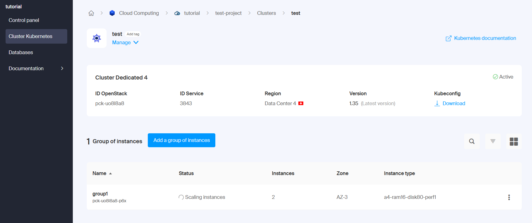 A screenshot from the cluster control panel with the cluster being scaled up
