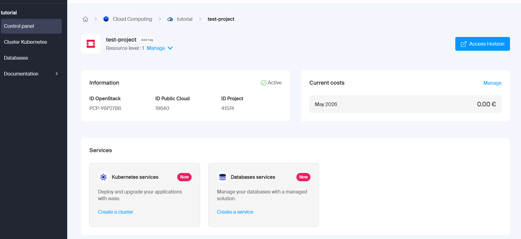 A screenshot from the cloud computing project page with the option to create a cluster visible.