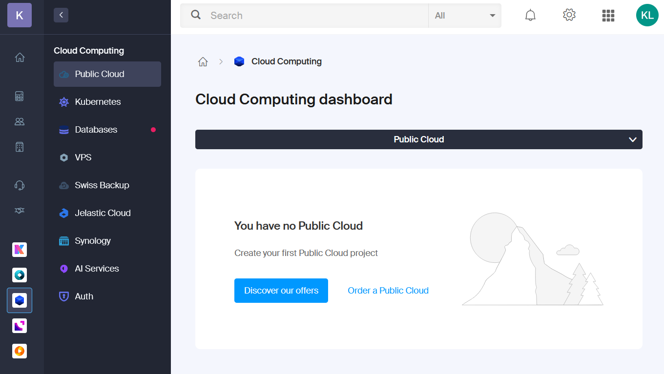 A screenshot from the Cloud Computing dashboard initial page.