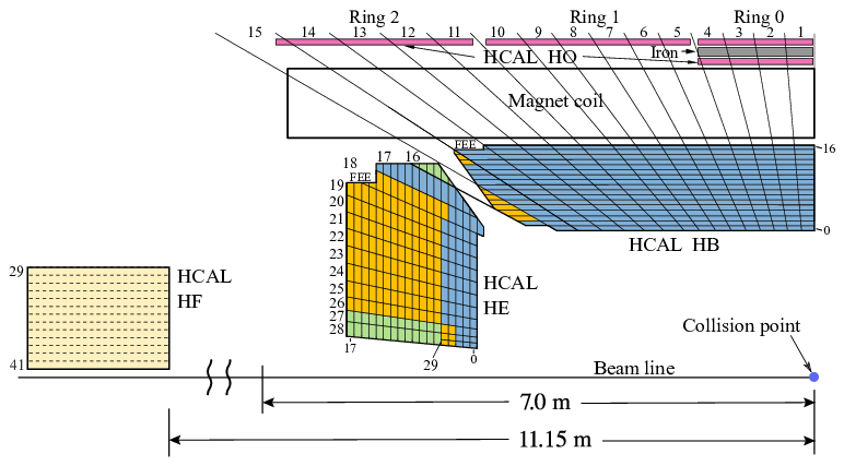 A schematic view of the HCAL detectors, looking “from the side”, perpendicular to the beam pipe.