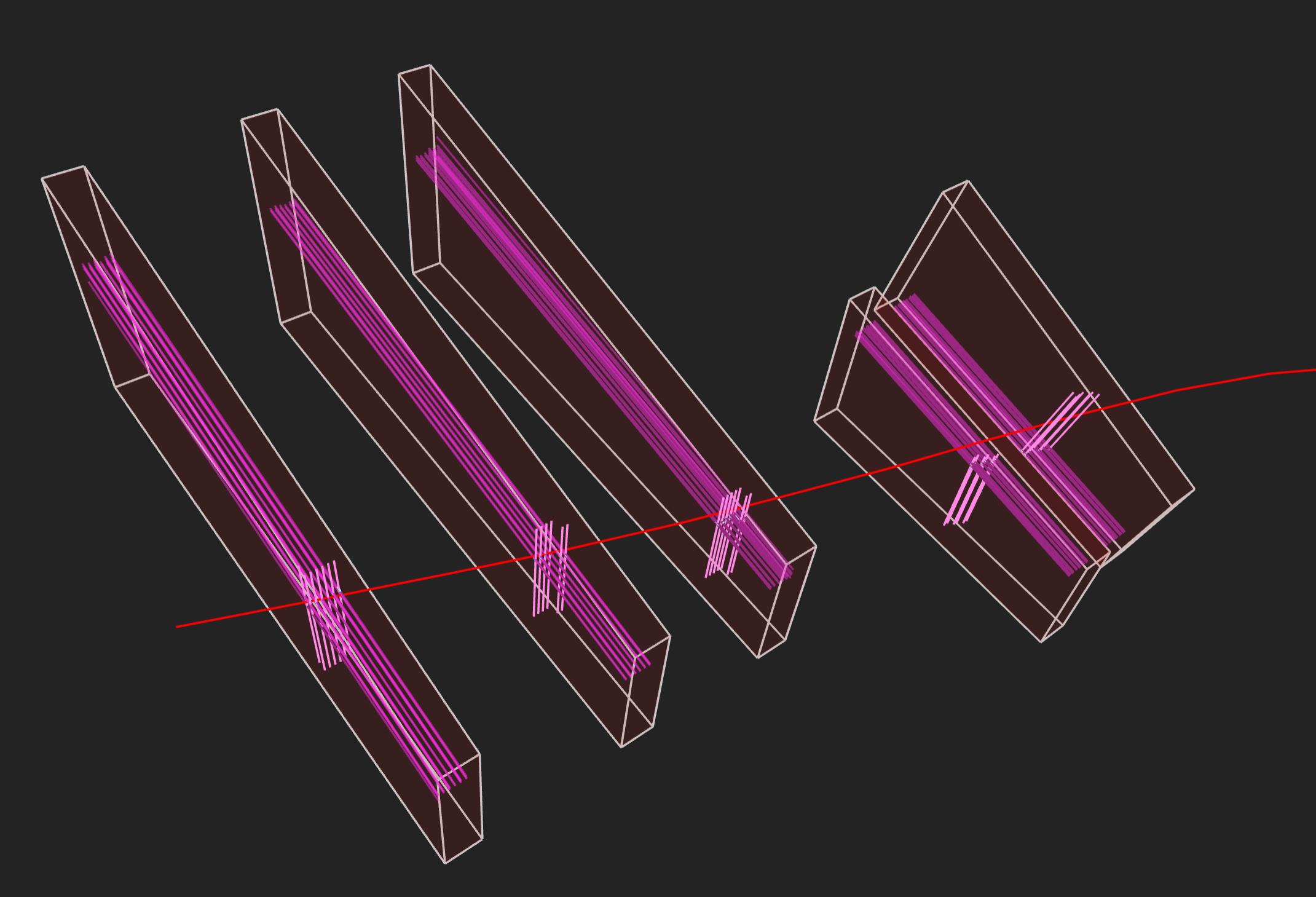 Event display of a muon seen in CSCs. The pink lines running along the long end of the chambers indicate the triggered strips and the shorter pink lines represent the triggered wires.