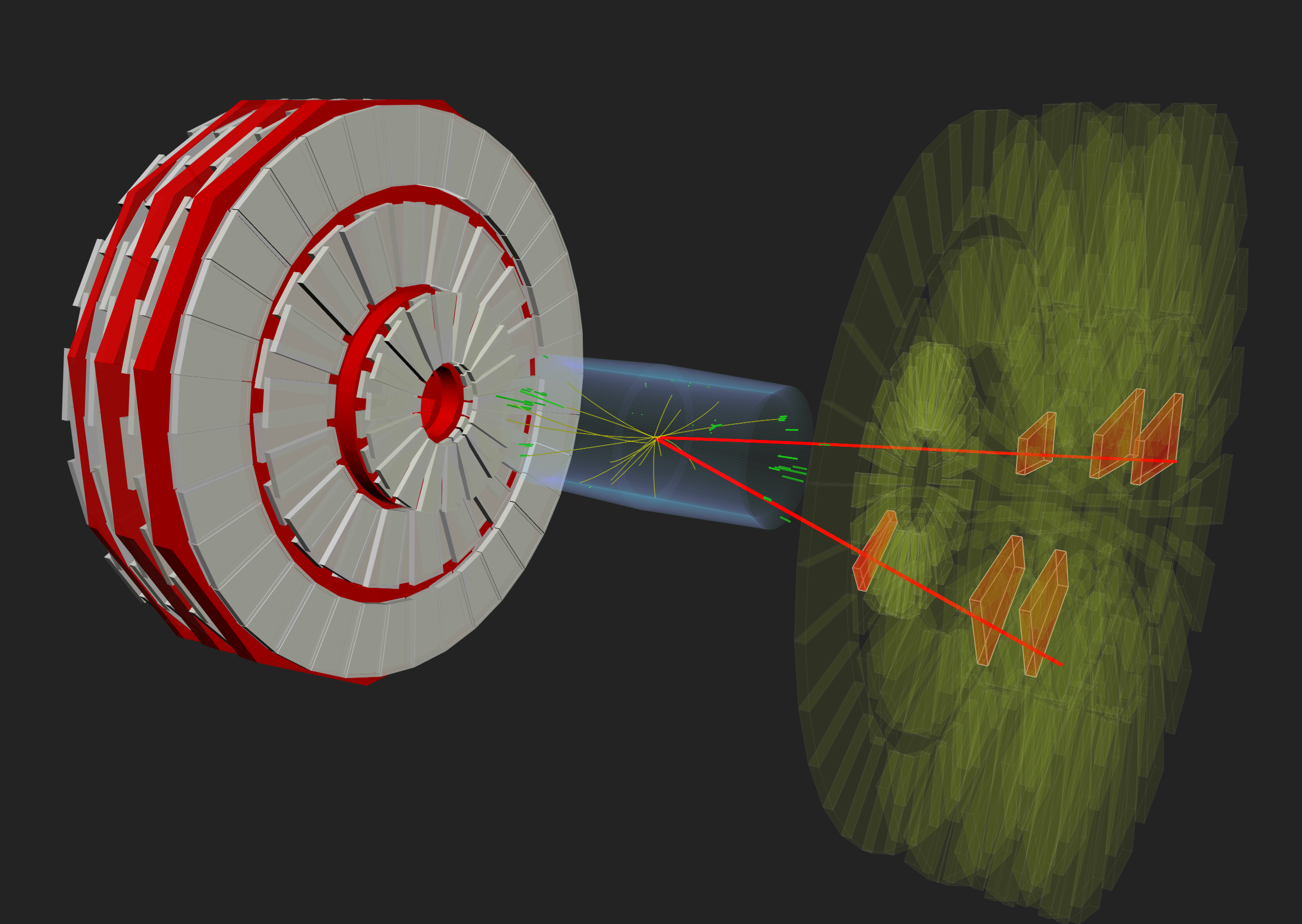 A double muon event seen in CMS with highlighted matching CSCs (in red).