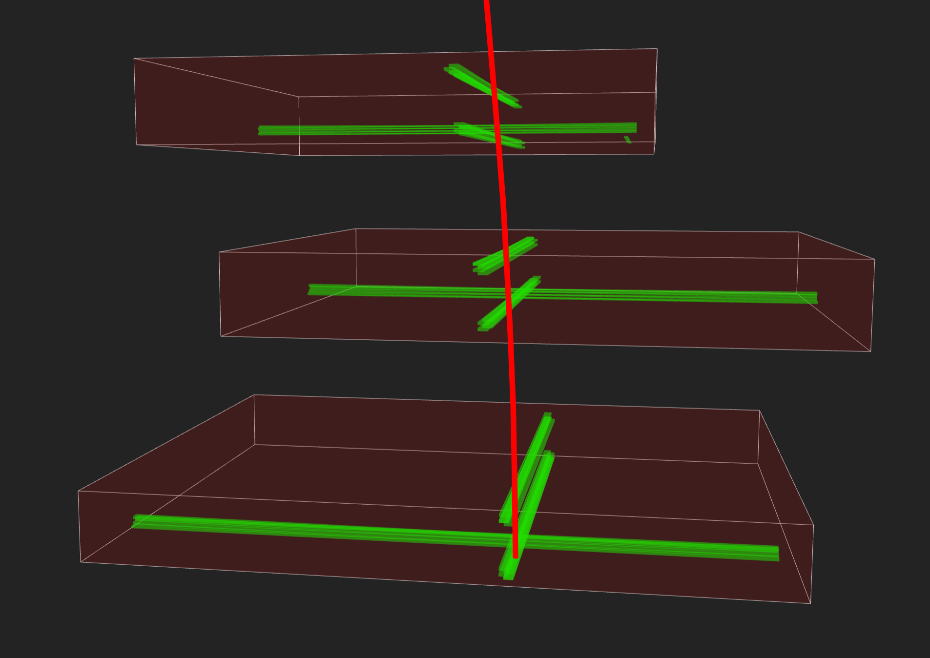 An event display of a muon seen in DTs. The green volumes indicate the position of the triggered wires.